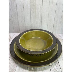 Vtg Homer Laughlin Glazed Avocado Green Plate Bowl Andre Ponche Set of 2